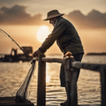 A candid shot of a fisherman on a dock by the sea, with the setting sun in the background.
